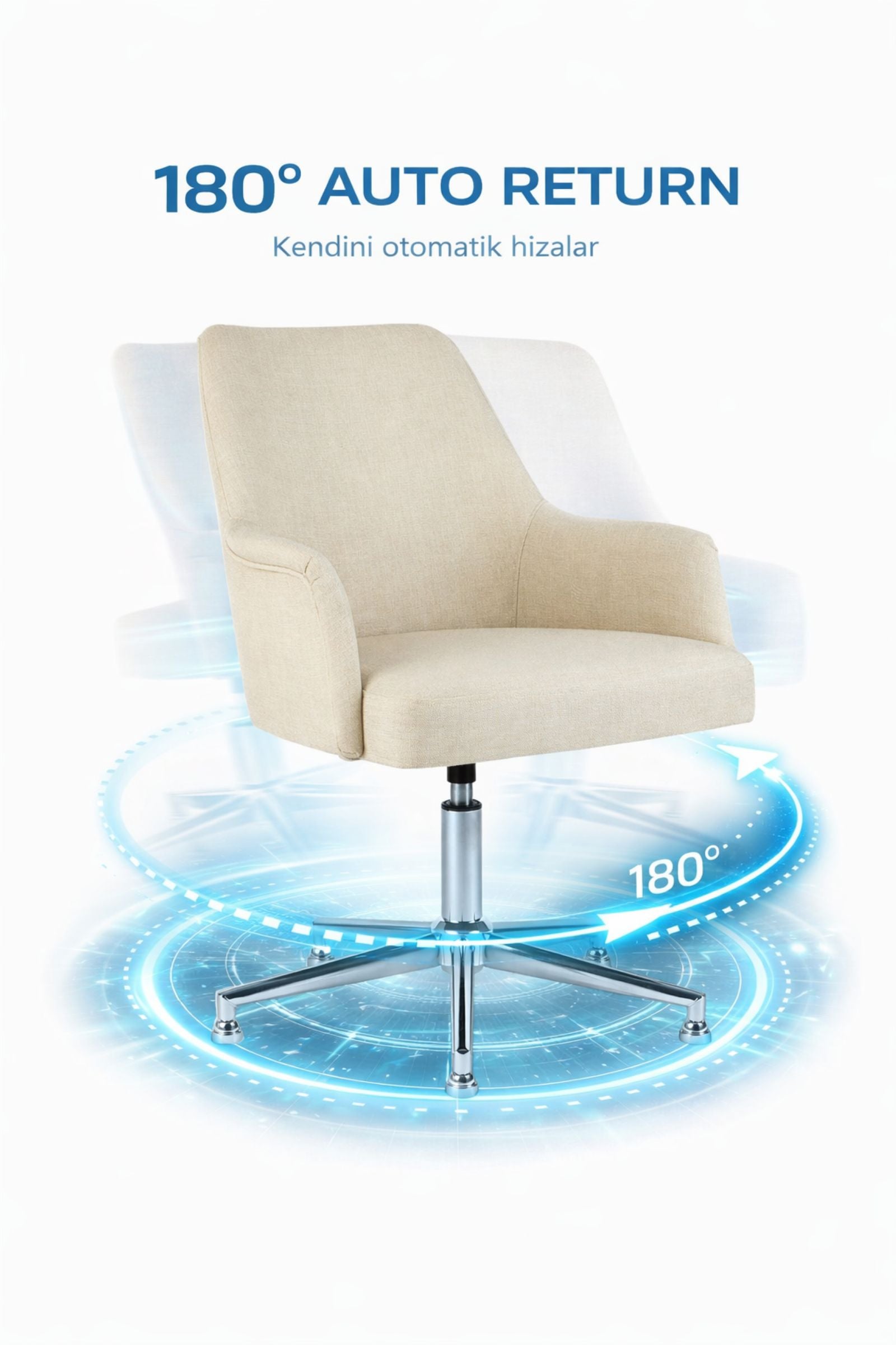 Louis 180° Auto Return Toplantı ve Misafir Sandalyesi – Krem Keten Kumaş (Krom Metal Ayak)