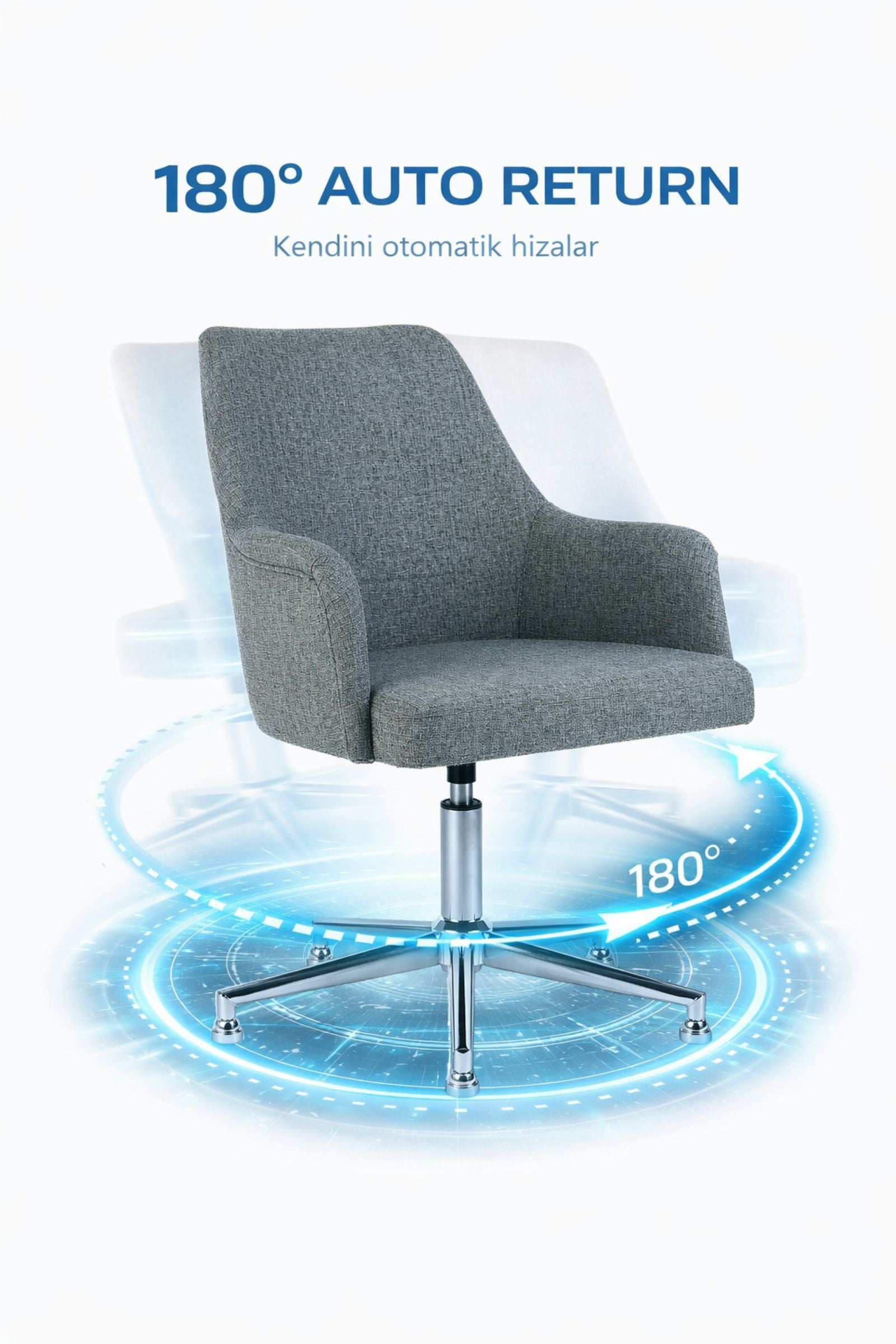 Louis 180° Auto Return Toplantı ve Misafir Sandalyesi – Gri Keten Kumaş (Krom Metal Ayak)