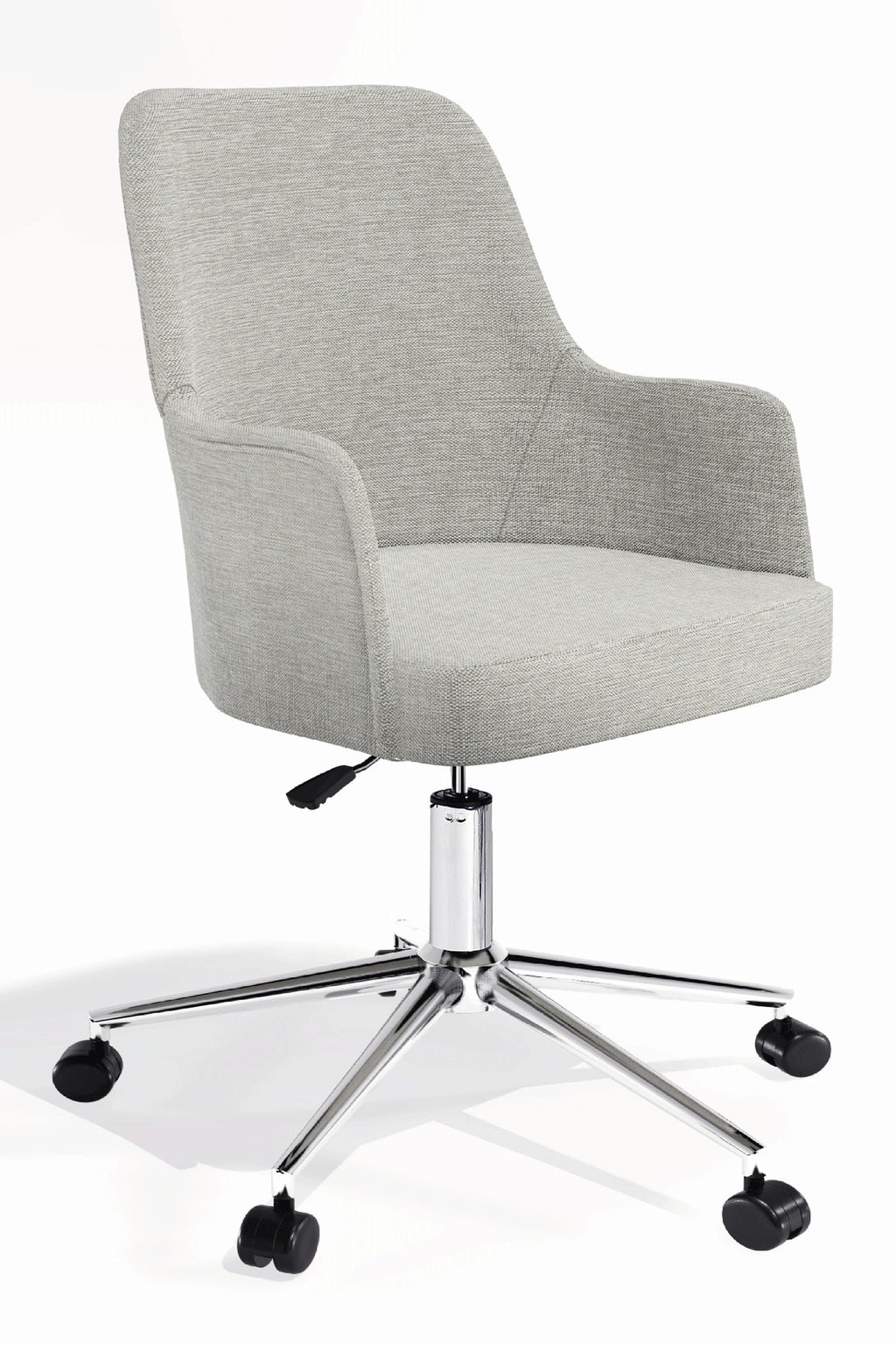 Louis çalışma sandalyesi, açık gri keten döşeme, krom ayak, ön çapraz açı