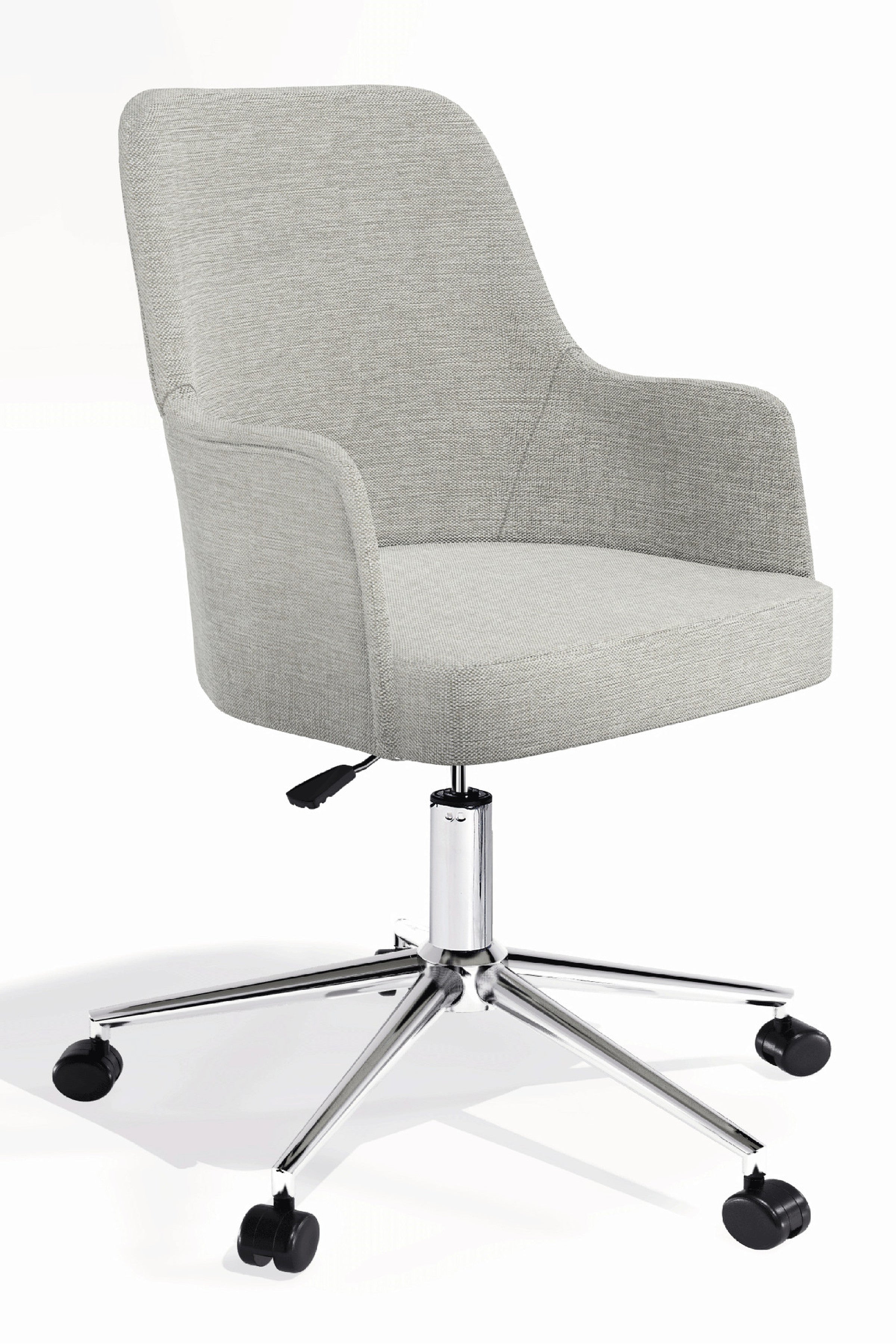 Louis çalışma sandalyesi, açık gri keten döşeme, krom ayak, ön çapraz açı