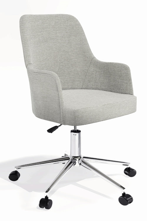 Louis çalışma sandalyesi, açık gri keten döşeme, krom ayak, ön çapraz açı