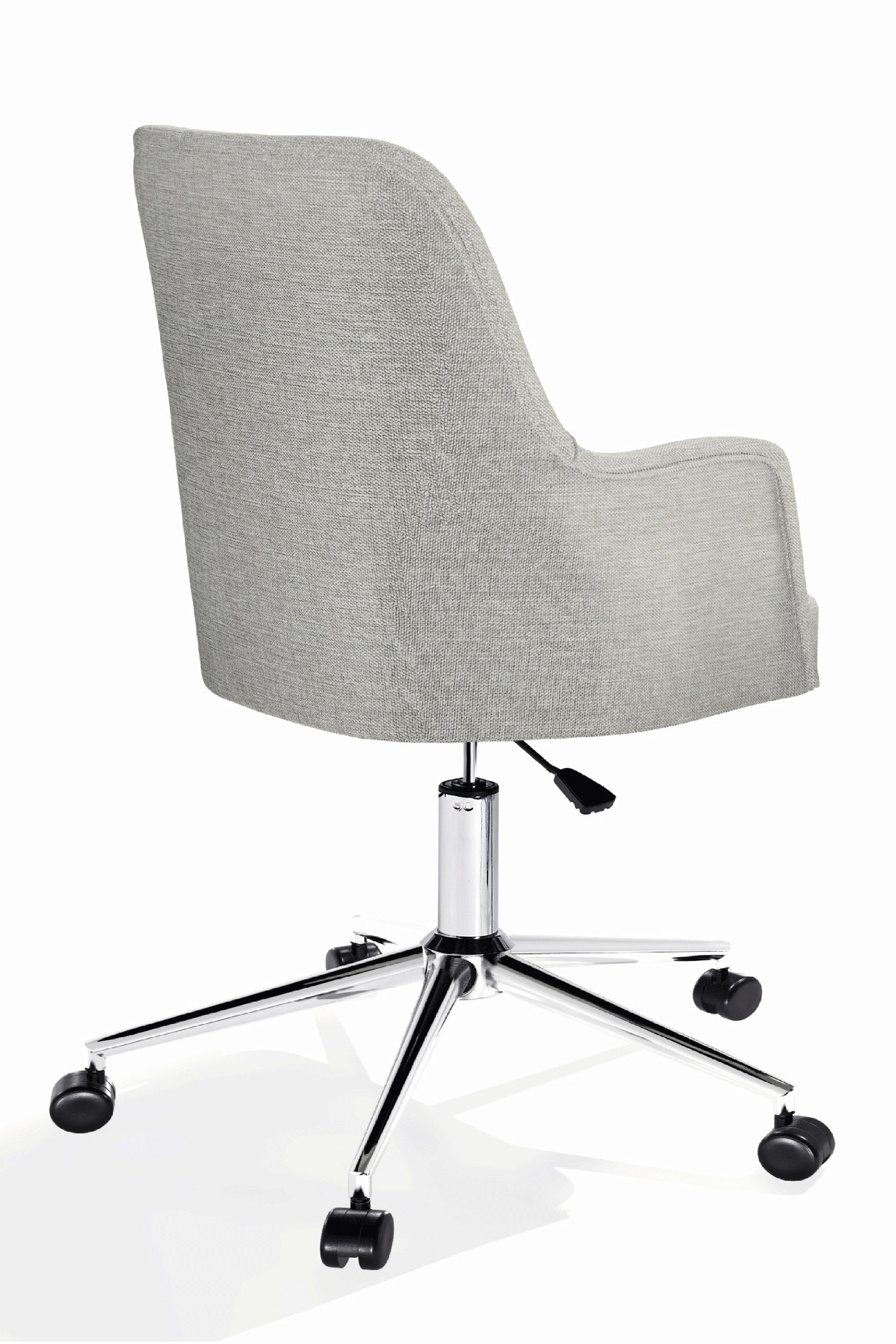 Louis çalışma sandalyesi, açık gri keten döşeme, krom ayak, arka çapraz açı